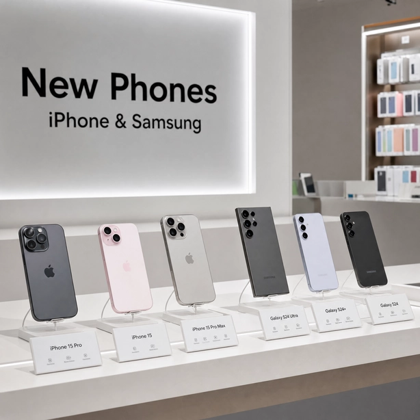 Illustrative display of phone models; call the shop for current stock